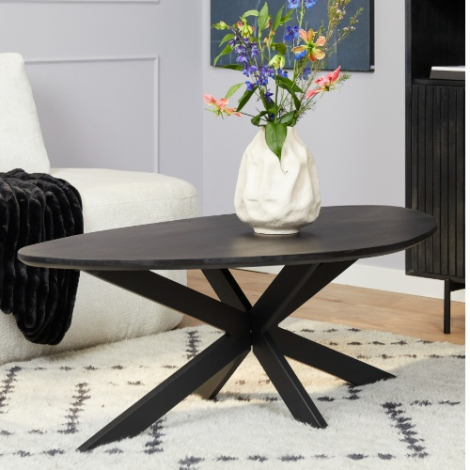 Organische salontafel New York in zwart mangohout 130 cm in de woonkamer Organische salontafel New York in zwart mangohout 130 cm in de woonkamer