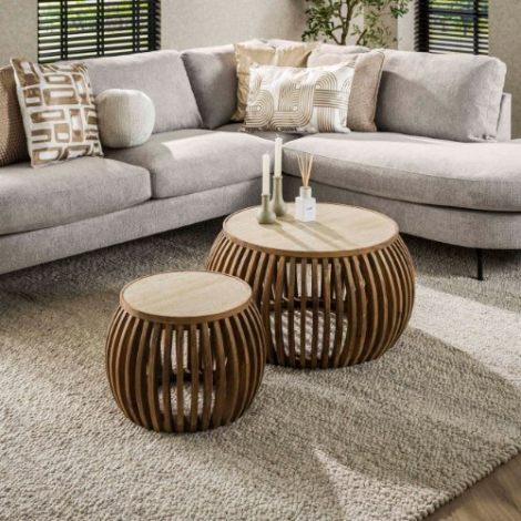 Salontafel in travertinlook met mangohout Nola set van 2 - sfeerfoto