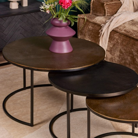 Salontafel Xaro set van 3 rond aluminium zwart goud thumbnail
