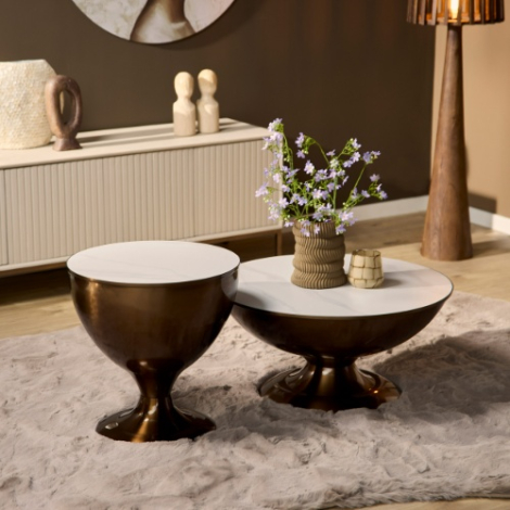 Salontafel Ava set van 2 rond wit marmer met goudkleurig metalen onderstel vooraanzicht