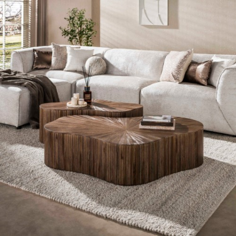 Teakhouten salontafel klaverblad Olin set van 2 140 cm - sfeerfoto