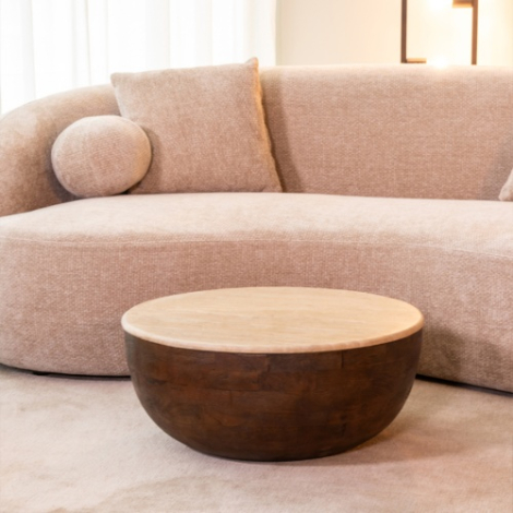 Ronde salontafel Diederik travertin en donkerbruin hout, 70 cm