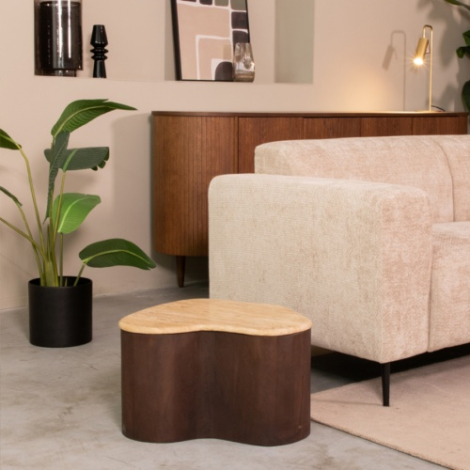 Organische salontafel Dirk travertin en donkerbruin mangohout, 50 cm