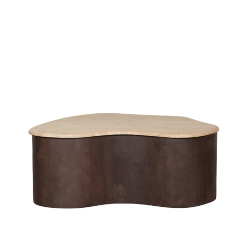 Organische salontafel Dirk travertin en donkerbruin mangohout, 80 cm