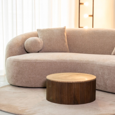 Ronde salontafel Ronald travertin en donkerbruin hout, 50 cm