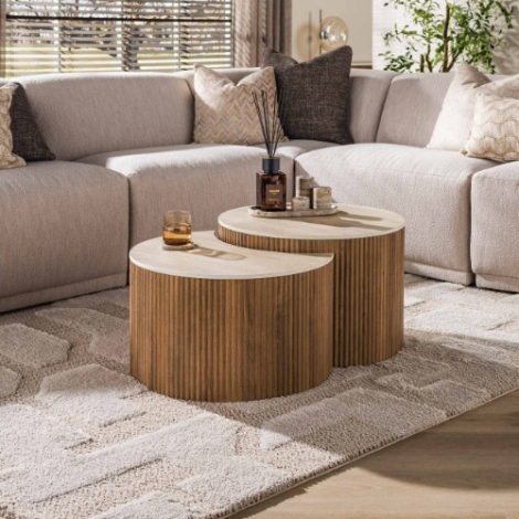 Travertinlook salontafel half rond Arda set van 2 60 cm - sfeerfoto