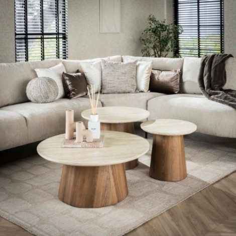 Travertinlook salontafel rond Axel set van 3 - sfeerfoto