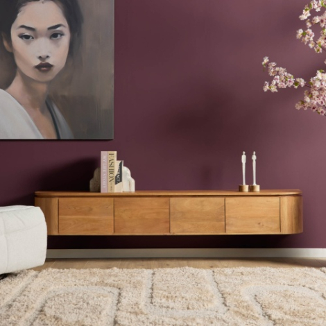 Zwevend tv-meubel Excellent naturel mangohout 200 cm sfeerbeeld in woonkamer