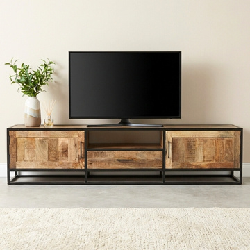 Tv meubel mangohout met zwart staal 210 cm