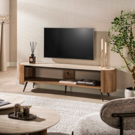 Tv-meubel travertinlook 180 cm Belo met bronskleurige poten - sfeerfoto