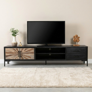 Tv meubel zwart van mangohout 210 cm.