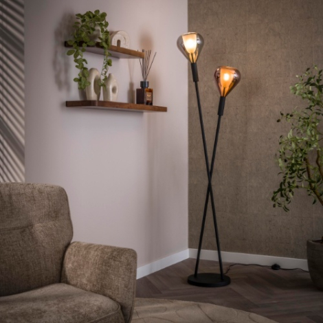 Vloerlamp met 2 druppelvormige glazen kappen Gina zwart - sfeerfoto