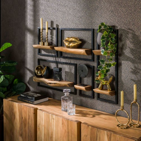 Wandschappen set van 5 Brix acaciahout naturel met metalen frame - sfeerfoto