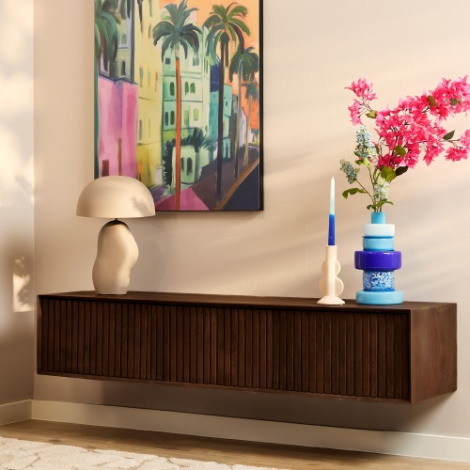 Zwevend tv meubel Madison Bruin mangohout 160 cm in vooraanzicht