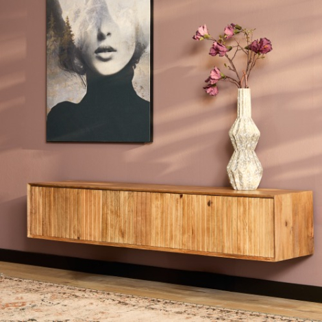 Zwevend tv meubel Madison Naturel mangohout 160 cm in vooraanzicht
