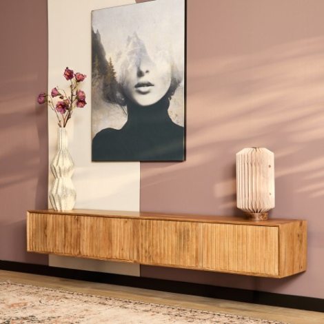 Zwevend tv meubel Madison Naturel mangohout 200 cm in vooraanzicht