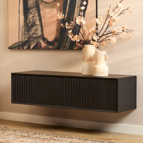 Zwevend tv meubel Madison Zwart mangohout 120 cm in vooraanzicht