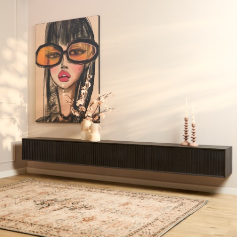 Zwevend tv meubel Madison Zwart mangohout 280 cm in vooraanzicht