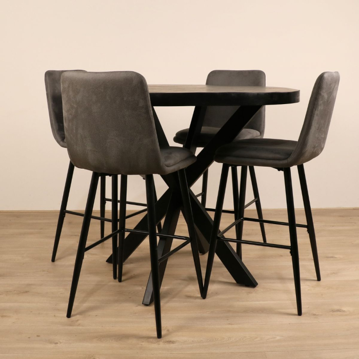 Ronde bartafel diameter: 120cm Kleur: zwart. Met vier barkrukken.