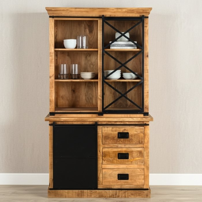 Mangohouten buffetkast industrieel met schuifdeuren.