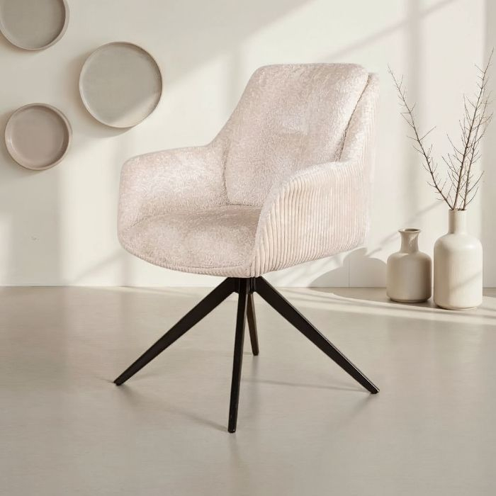 Beige eetkamerstoel ribstof draaibaar.