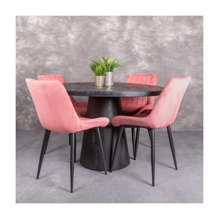 Eettafel rond 120cm zwart mangohout. Met roze stoelen.