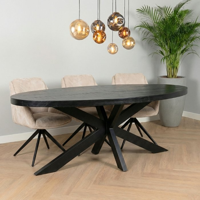 Zwarte eettafel ovaal met spinpoot van staal 220 cm.