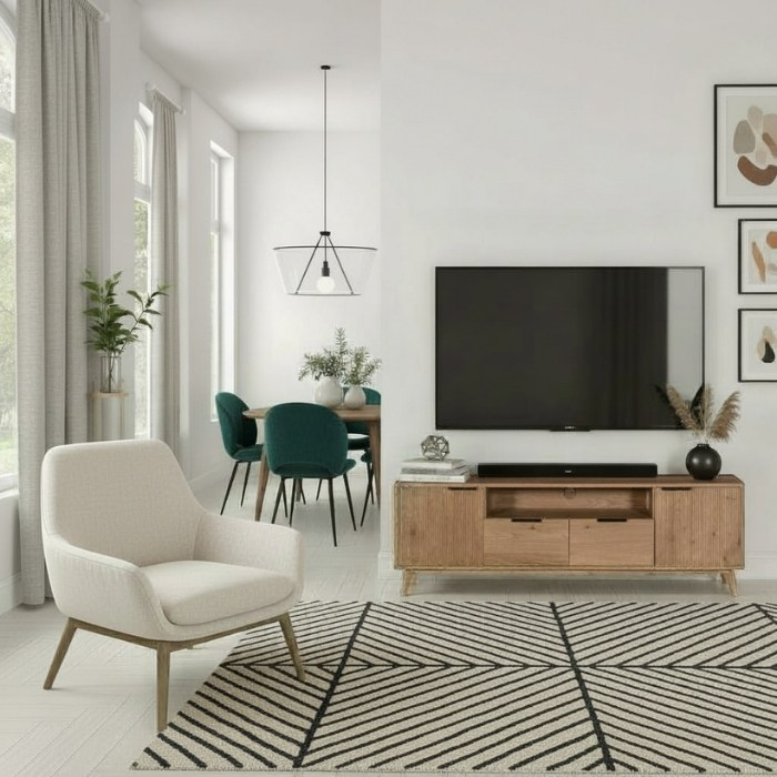 Sfeerafbeelding eiken tv meubel van 180 cm breed. 