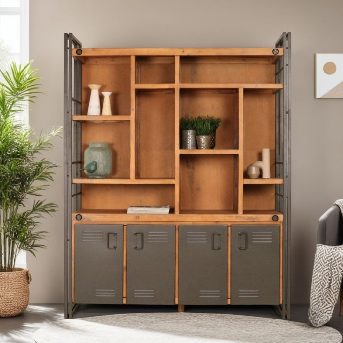 industrieel wandmeubel hout met staal. 4 deuren en open vakken 150cm breed.