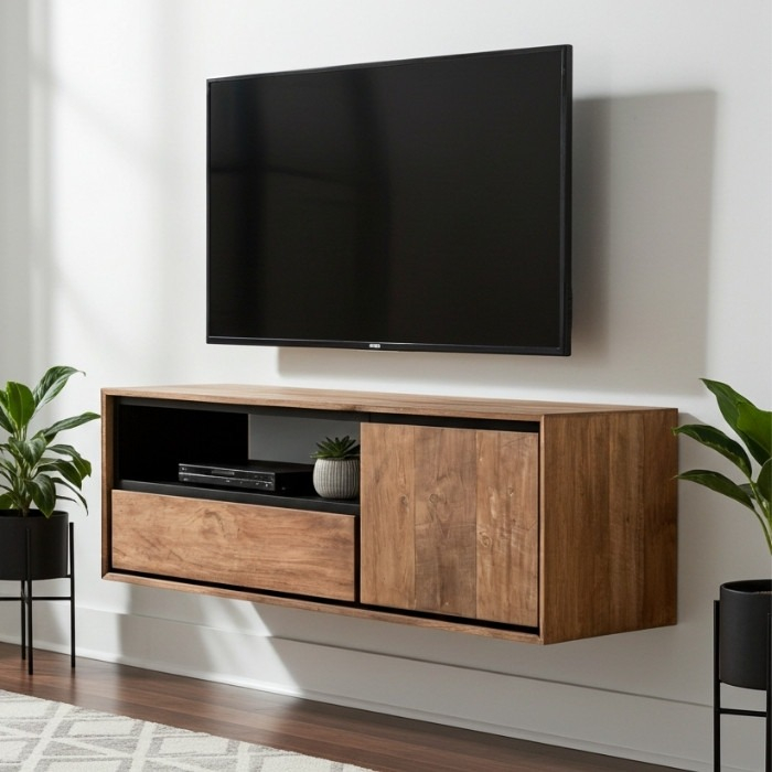 Teakhouten tv meubel hangend 115 cm.