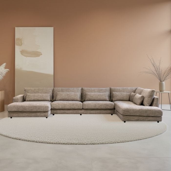 Hoekbank Como bruin met ottoman en chaise longue.