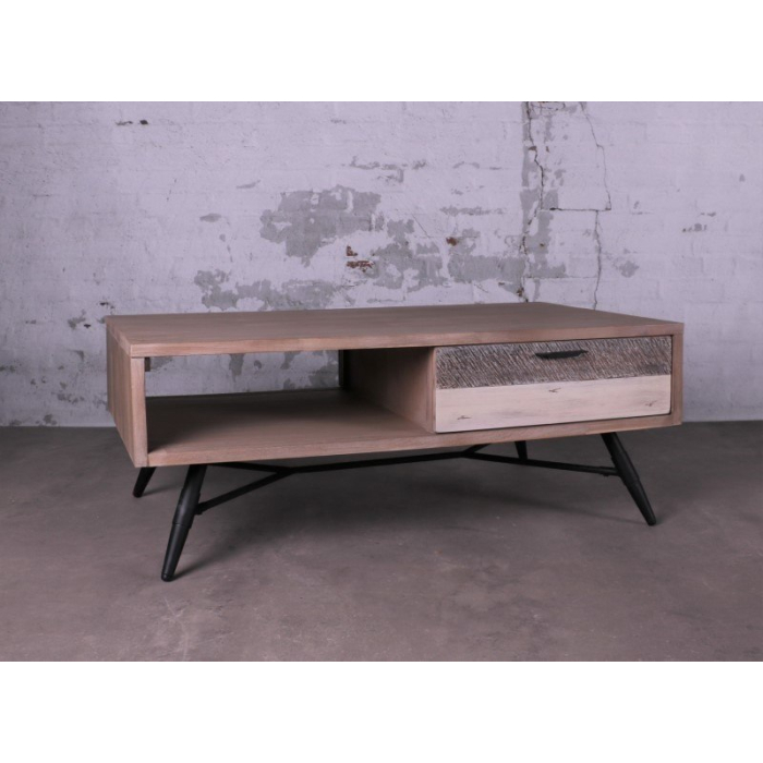 houten salontafel goedkoop. Acaciahout met stalen onderstel en 2 laden.