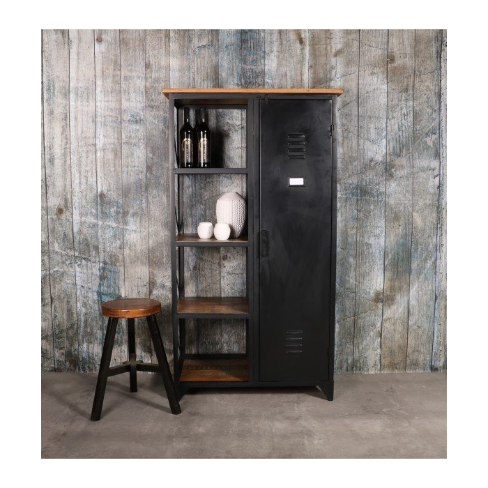 industriële lockerkast zwart met mango hout.