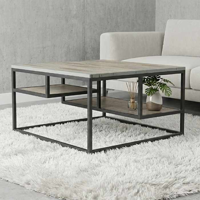 Vierkante salontafel industrieel metaal met hout.
