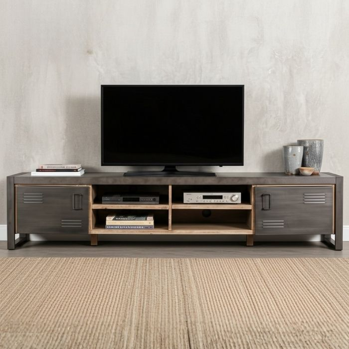 Industrieel tv meubel grijs. 220cm breed