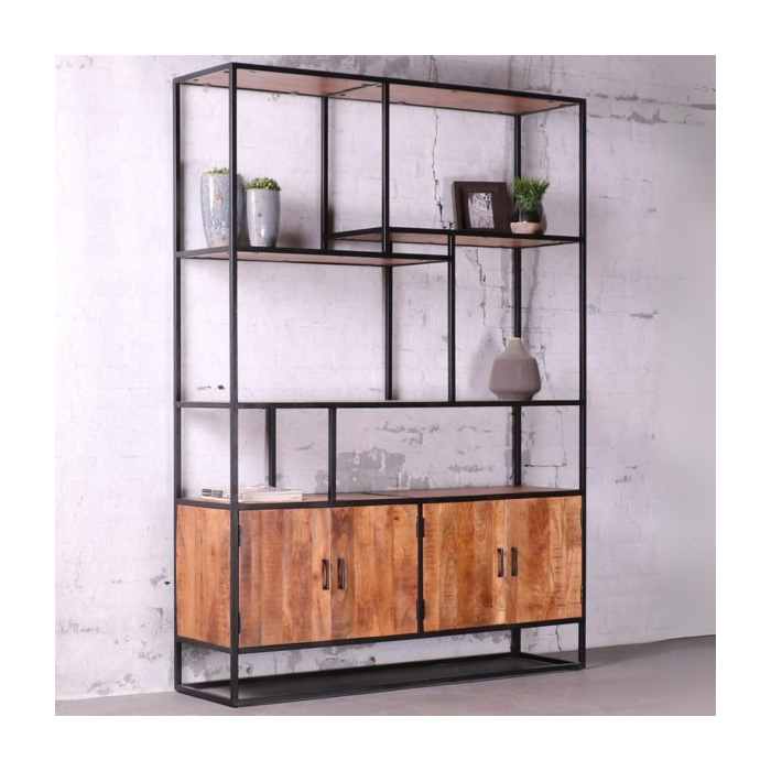 Industriële boekenkast met 4 deuren en open vakken