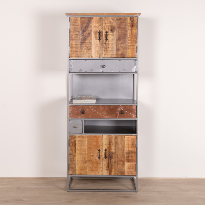 Industriële kast vintage. Mangohout met grijs staal.