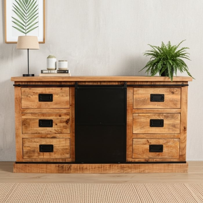 Industrieel dressoir mangohout met schuifdeur.