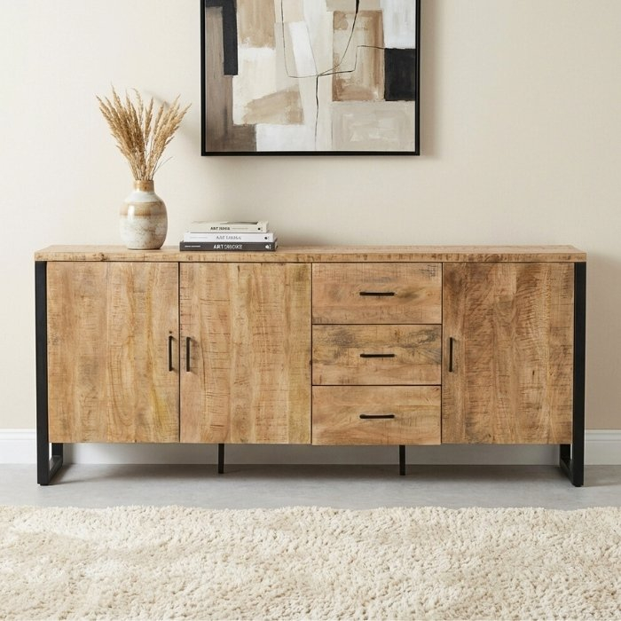 Dressoir van mangohout met drie deuren en drie lades.