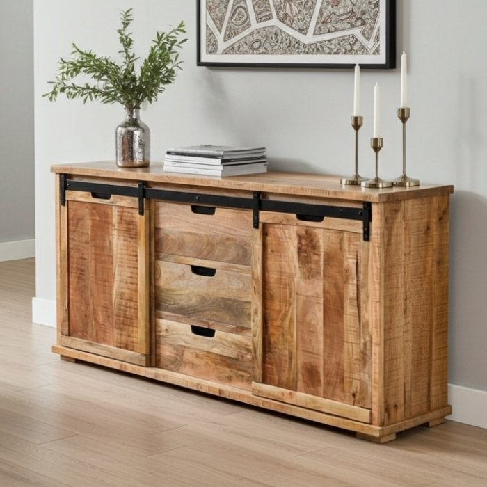 Mangohouten dressoir van 175cm breed met schuifdeuren.