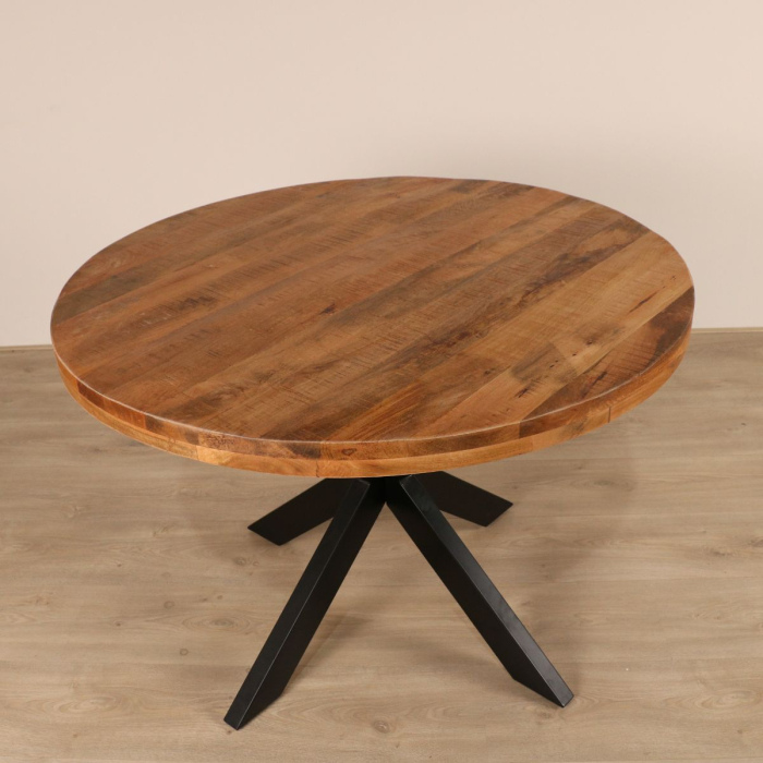 Eettafel mangohout 110cm rond 6cm dik. Met spinpoot.