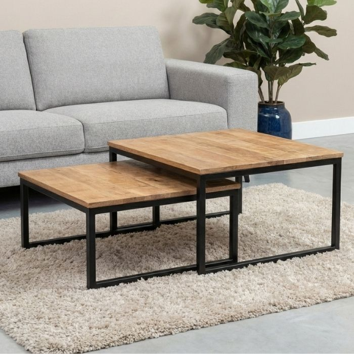 Mangohouten salontafel set van twee vierkant.