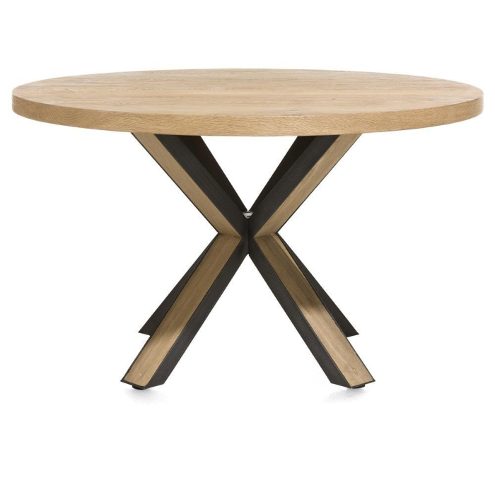 eetkamertafel ovada rond en metalen zwarte poot met een eikenhouten inleg.