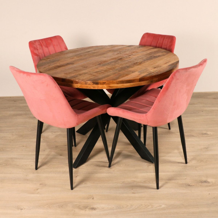 Eettafel rond 110cm. Gemaakt van mangohout.. Met vier roze stoelen
