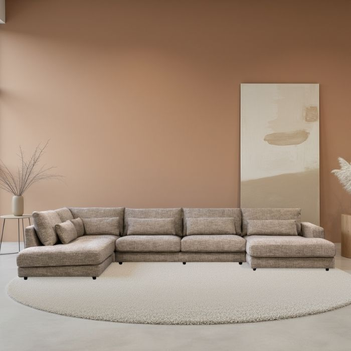 Hoekbank Como met ottoman links en chaise longue rechts. 