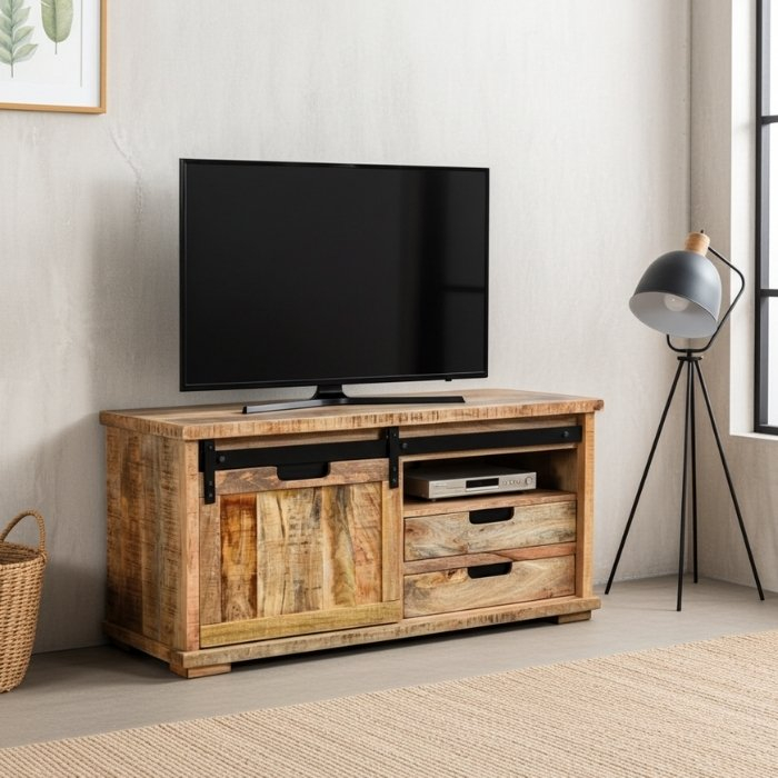 Klein Industrieel tv meubel mangohout met schuifdeur die via een geleider loopt.