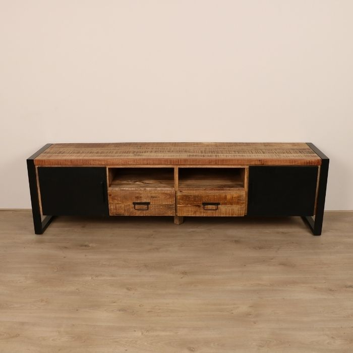 Tv meubel Bas van mangohout. Twee deuren, twee open vakken en twee laden. 