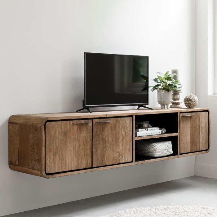 Hangend tv meubel teakhout.