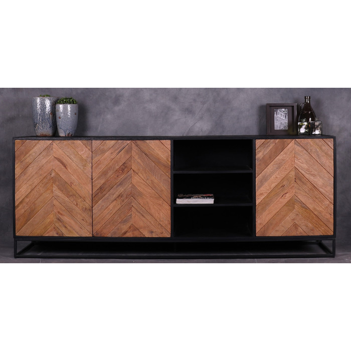 Dressoir visgraat 200 cm met drie deuren en drie open vakken.