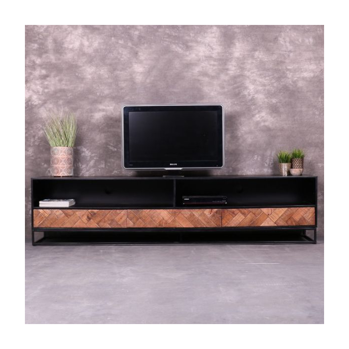 Visgraat tv meubel voorzien van drie laden en open vakken.